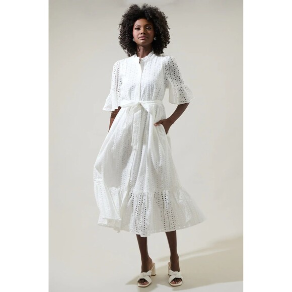Sugarlips Dresses & Skirts - Sugarlips Kaylie Eyelet Sz M White Button Down Ruffle Midi Belted Cotton Dress